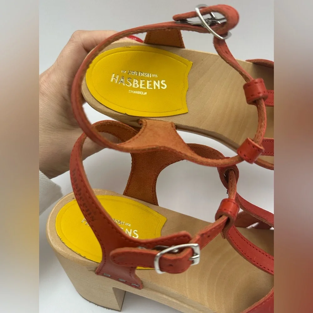 Swedish Hasbeens Red Leather Wooden Platform Sandals T-Strap Chunky Block Heel - Picture 7 of 16